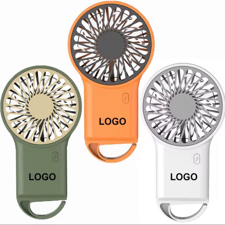 Three portable fans in orange, green, and white with 'LOGO' branding on a white background.