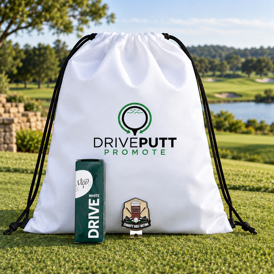 Custom Golf Outing Gift Package – Non Woven Drawstring Bag, Logo Golf Balls, Ball Marker and Hat CLip